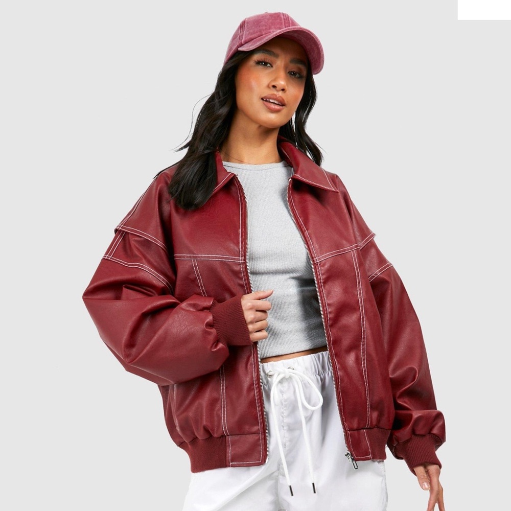 BOOHOO CONTRAST STITCH RED LEATHER BOMBER JACKET - PETITE